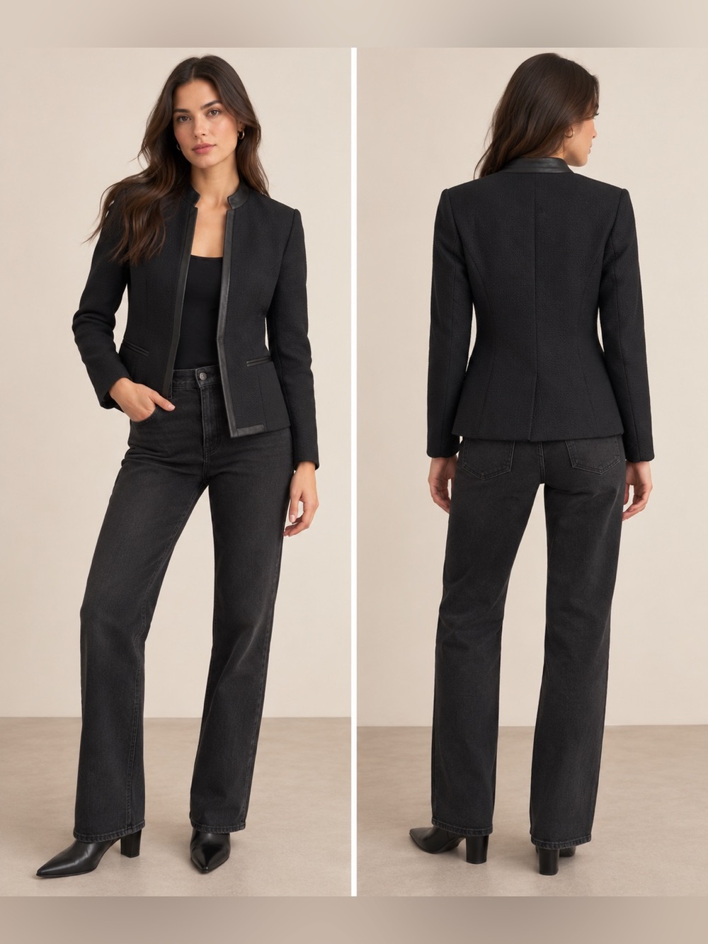 rag & bone Black Textured Jacket with Leather Collar — Size 6